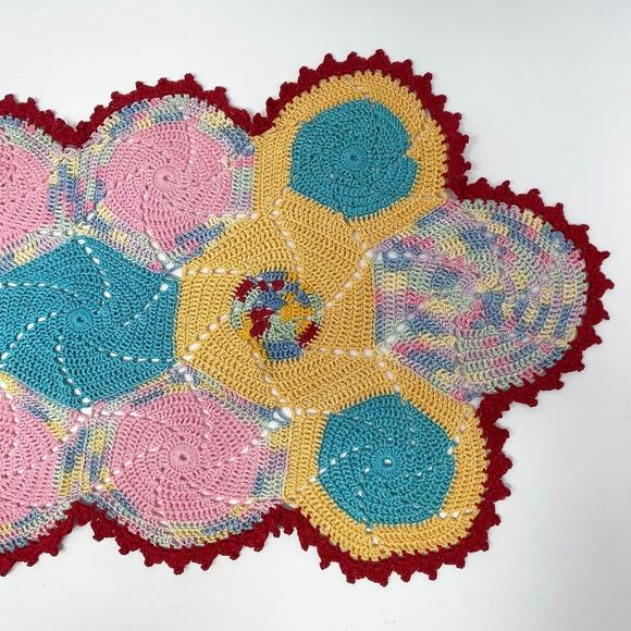 Vintage Handmade Crocheted Pink Yellow Robins Egg Blue Red Doily - Picture 4 of 5